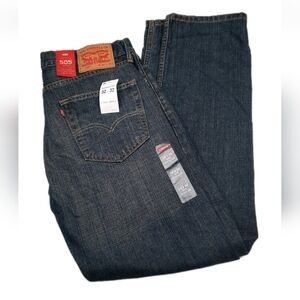 NWT Levis 505 Regular Fit Distressed Dark Wash Jeans Mens 32x32 Straight Leg